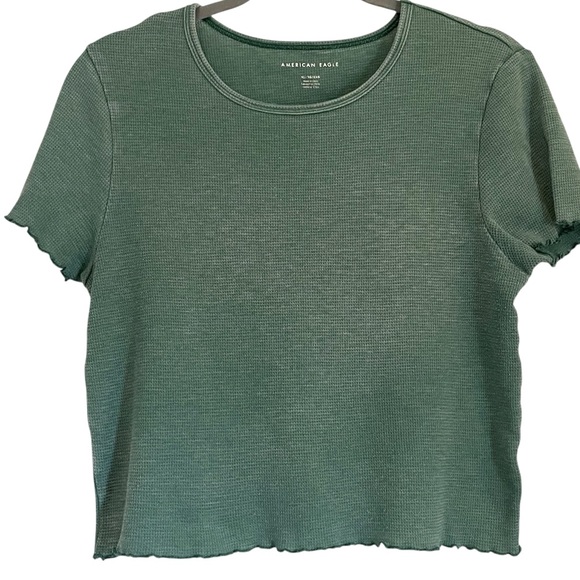 American Eagle Cropped Waffle Weave Short Sleeve Lettuce Hem Green Top, Size XL - Picture 1 of 6